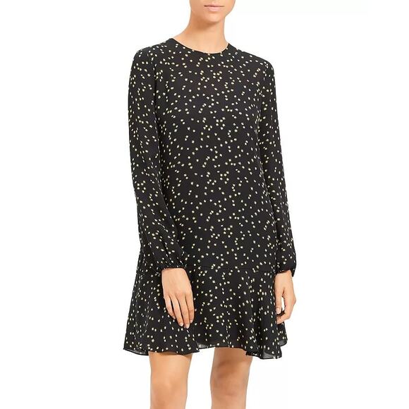 Theory Black & Yellow Star Print Silk Long Sleeve Flare Mini Dress - Picture 2 of 14
